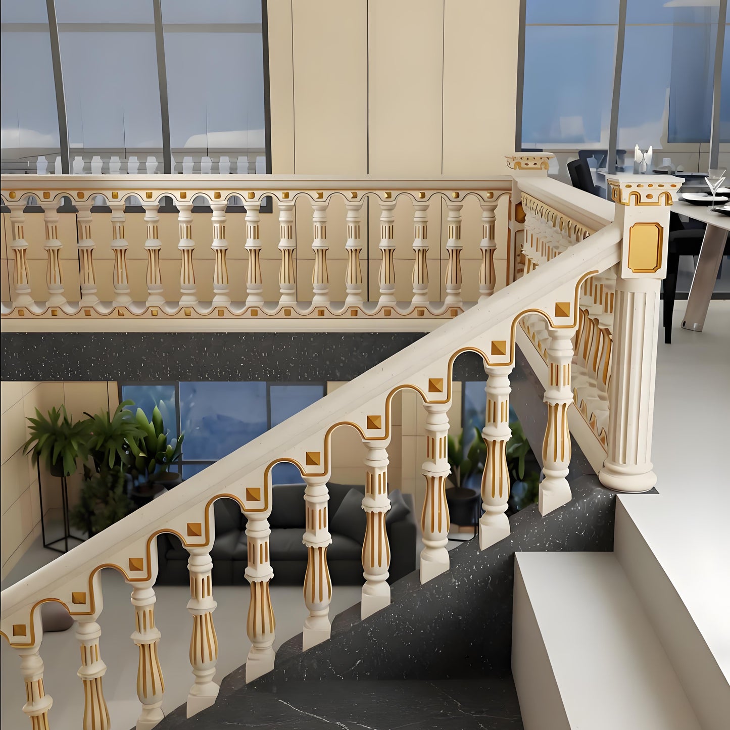 Cement staircase handrail - vertical bar style