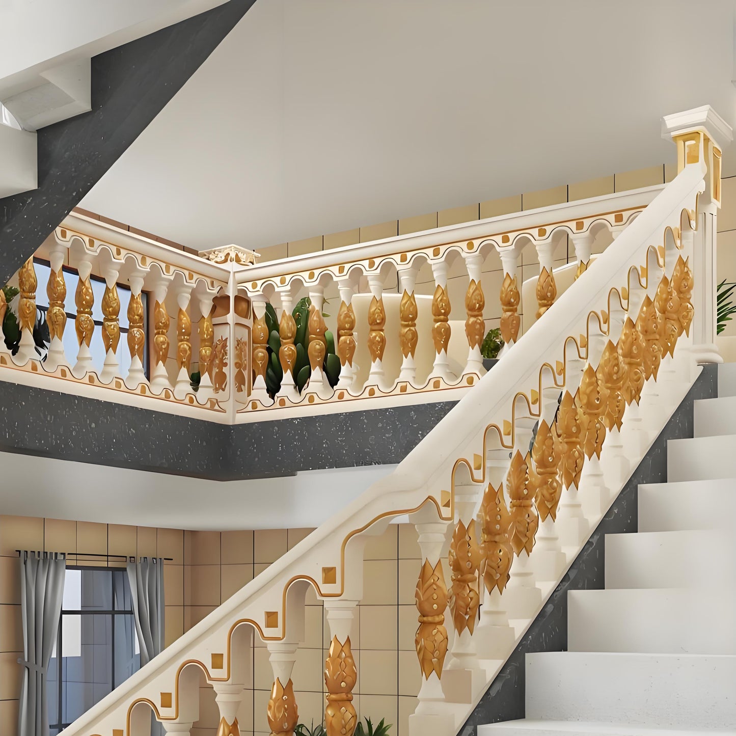 Cement staircase handrail - double-leaf flower style