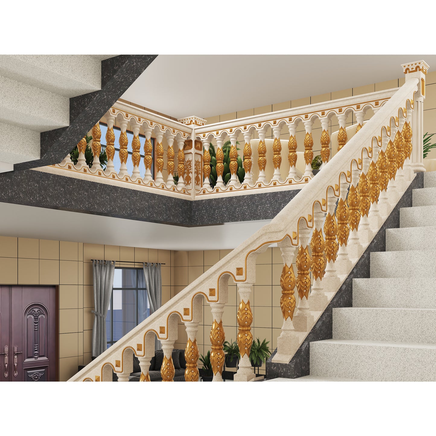 Cement staircase handrail - double-leaf flower style